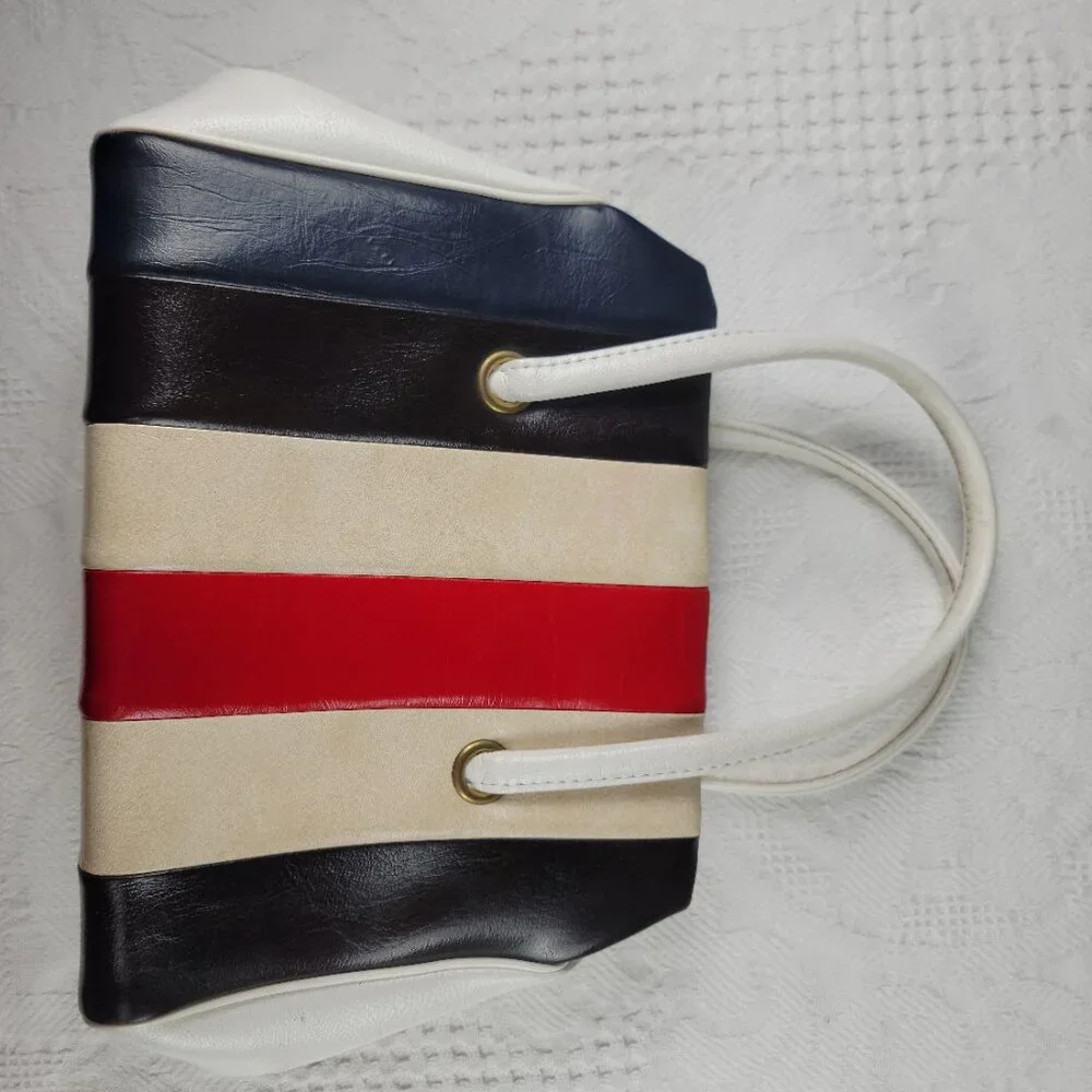Vintage purse frame bag MCM classic white blue black cream red wide retro stripe - Picture 10 of 12